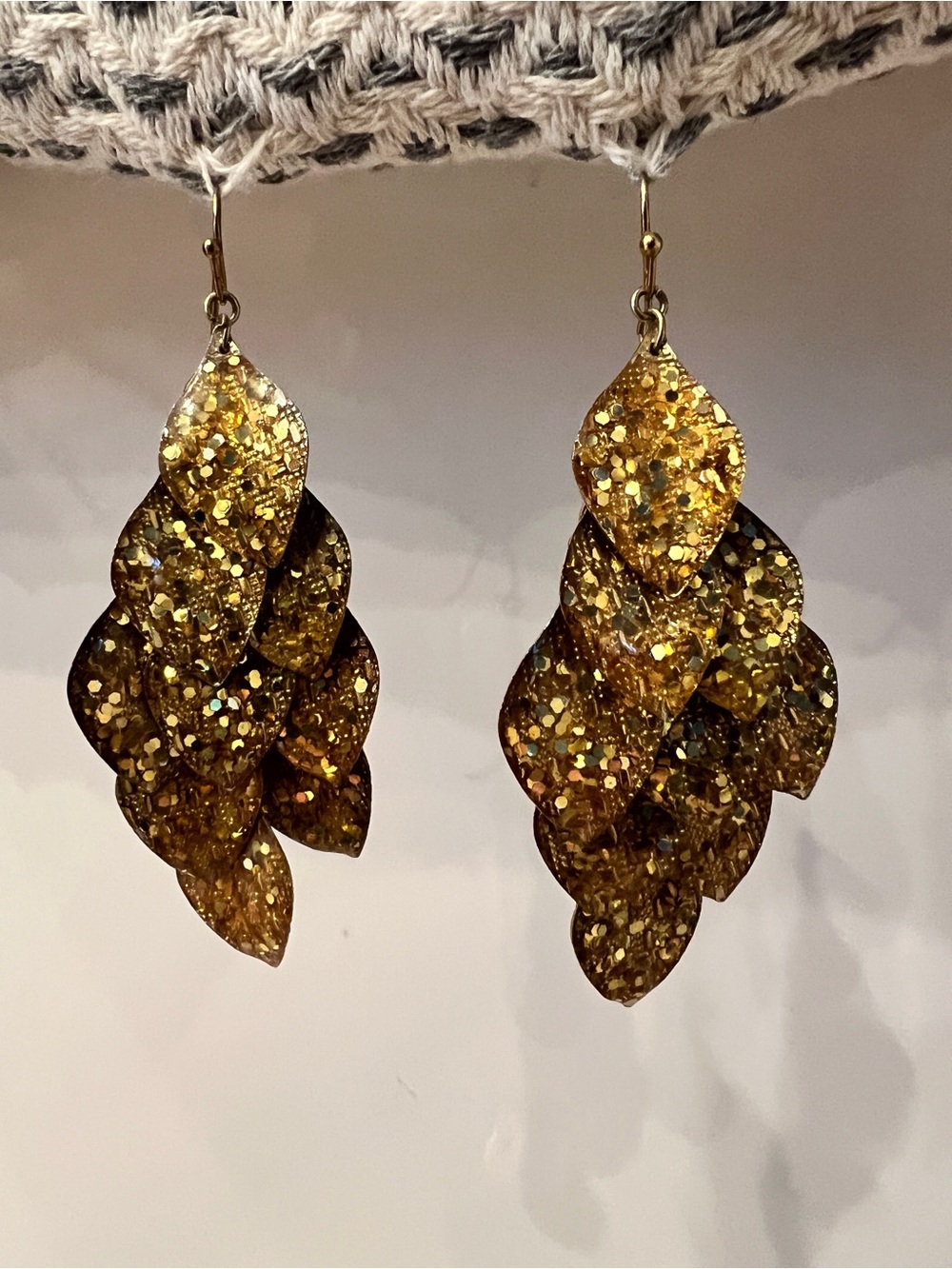 Gold Glitter Leaf Drop Earrings - Sparkling Gold Dangle